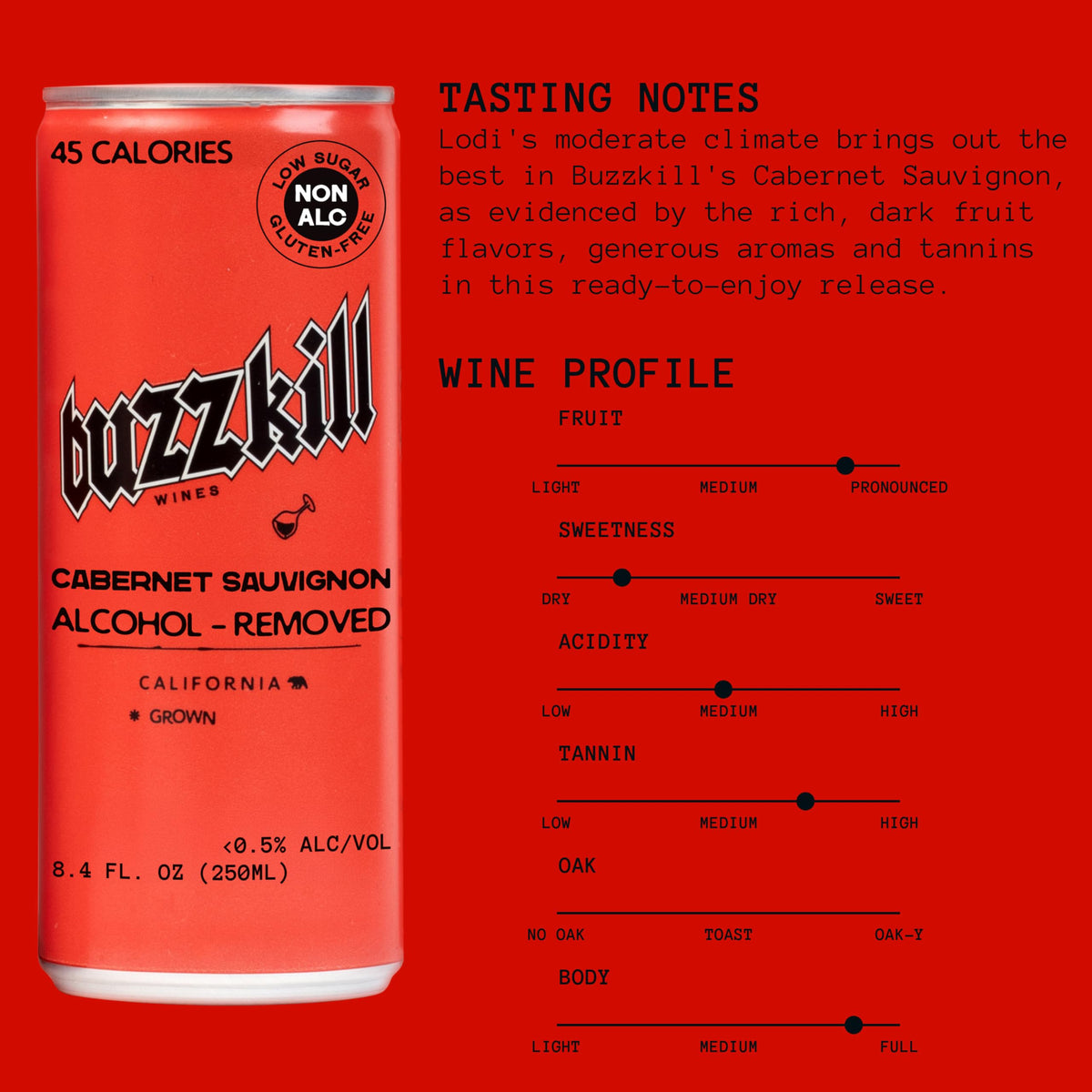 Buzzkill Wines Cabernet Sauvignon glass pour highlights tropical fruit and crisp finish for versatile pairing.