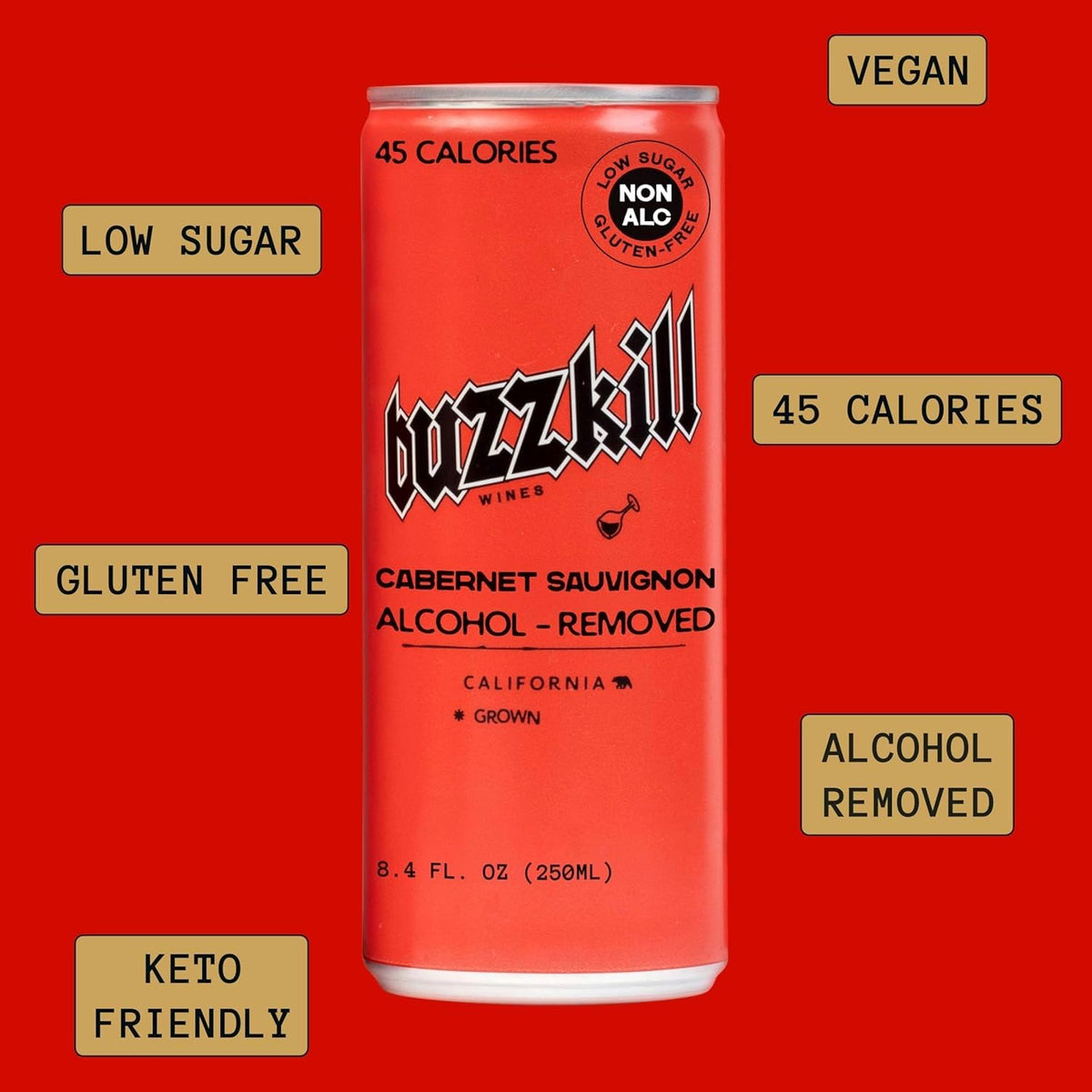Buzzkill Wines California dry red bottle conveys premium craft and guilt-free sipping.