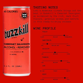 Buzzkill Wines label closeup emphasizes premium vibes and gluten-free, low-sugar enjoyment.