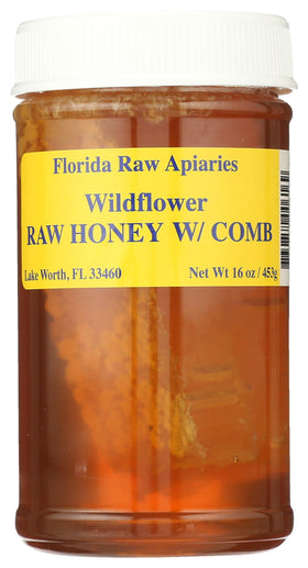 Buzzn Bee Florida raw honey with comb in a 16 oz jar for natural sweetening.