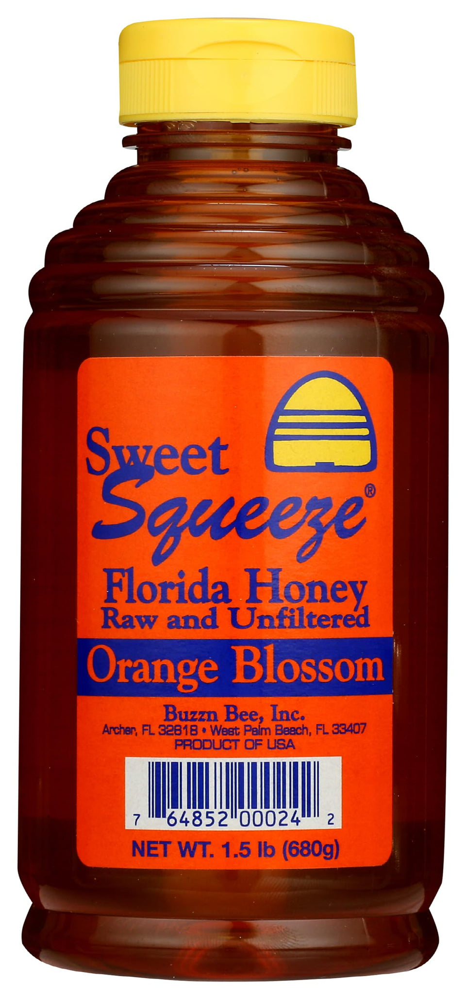 Buzzn Bee orange blossom honey bottle front view shows natural sweetness