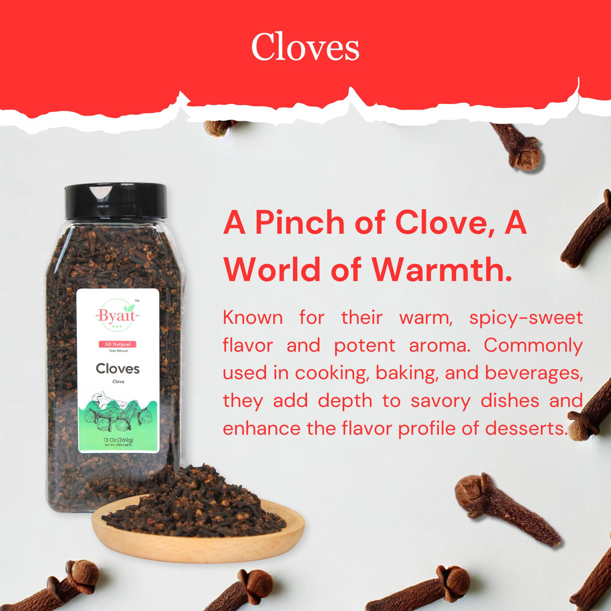 Byait clove tea blend aroma enhances brews with comforting spice.