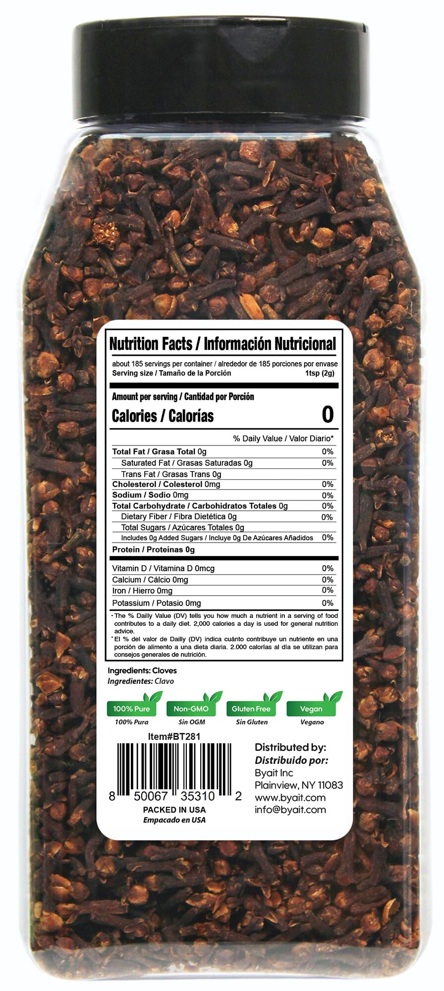 Byait whole cloves jar highlights rich aroma perfect for sauces and simmering.
