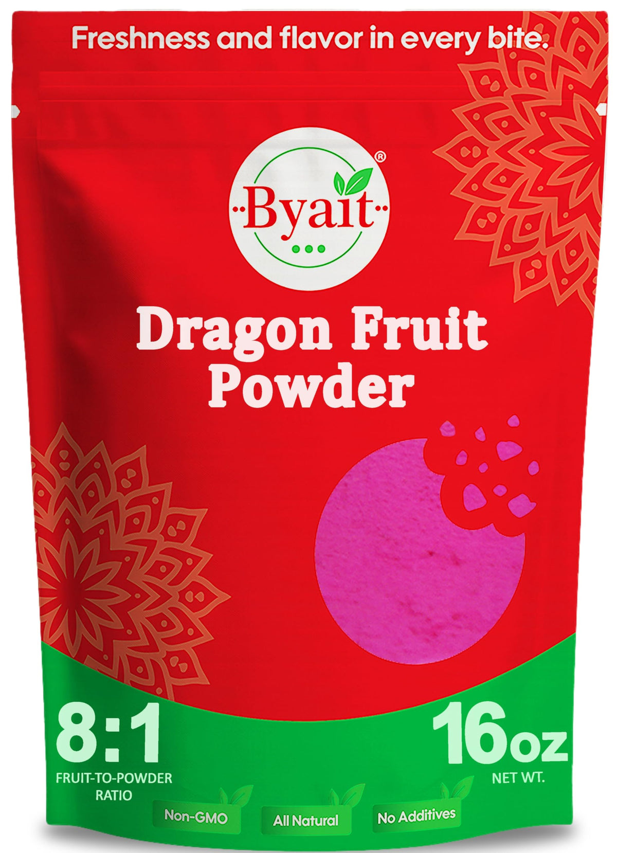 Byait dragon fruit powder 16oz packaging showing premium packaging and product name for branding and color use
