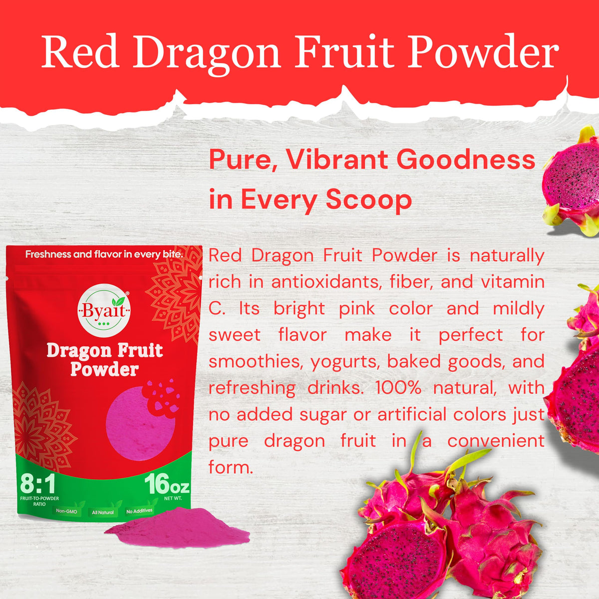 Byait dragon fruit powder pink swirl demonstrates natural color for drinks and desserts