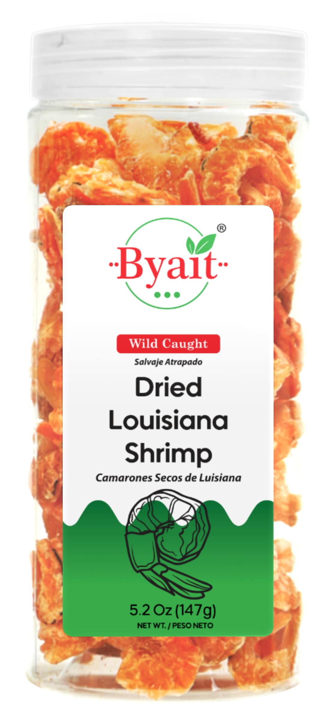 Byait dried Louisiana shrimp jar displaying premium flavor for soups and noodles.