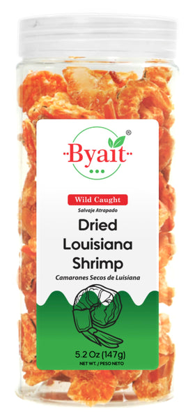 Byait dried Louisiana shrimp jar displaying premium flavor for soups and noodles.