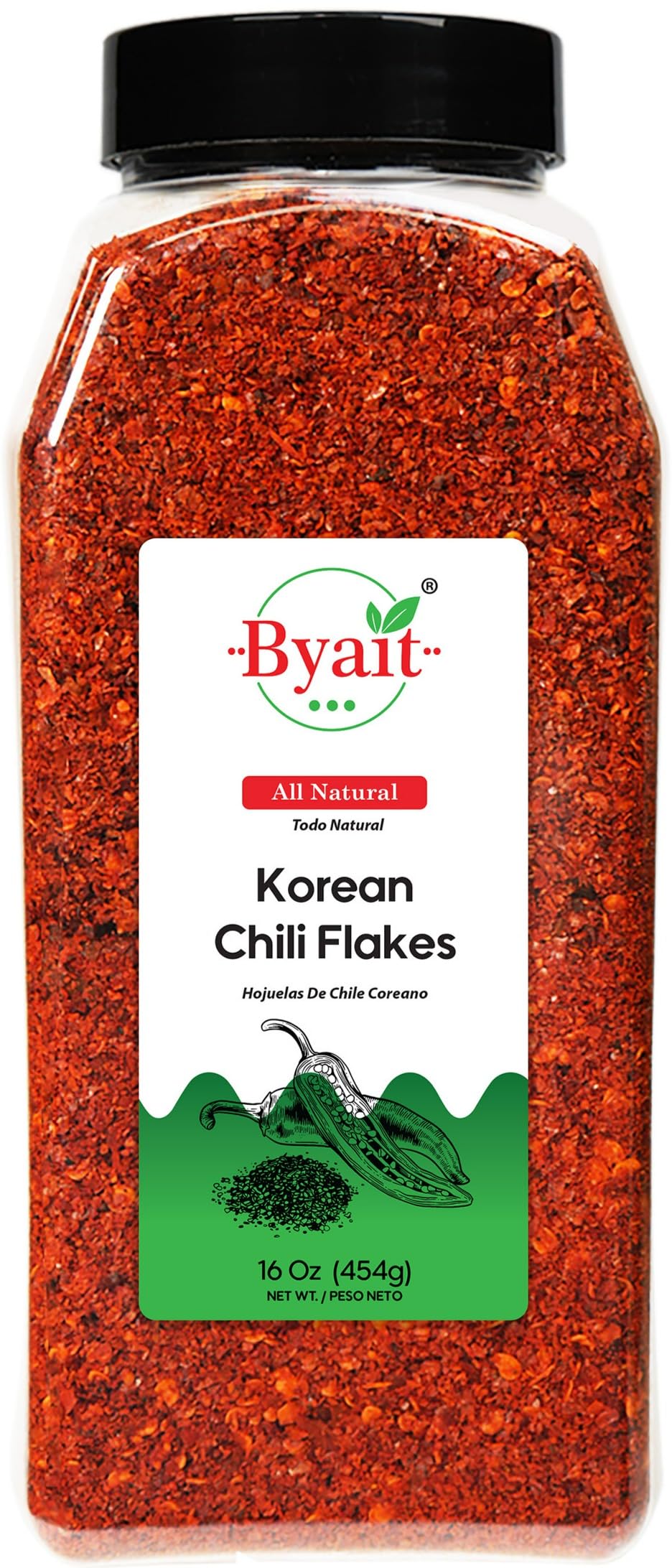Byait Gochugaru 16oz jar displays vibrant red flakes for authentic Korean cooking.
