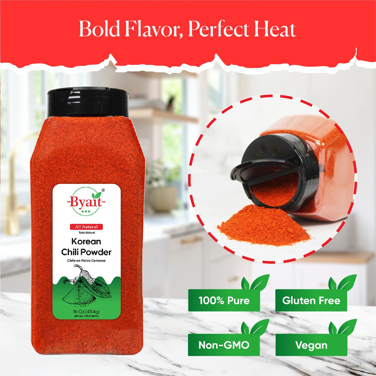 Packaging display of Byait Gochugaru showing easy storage and freshness.