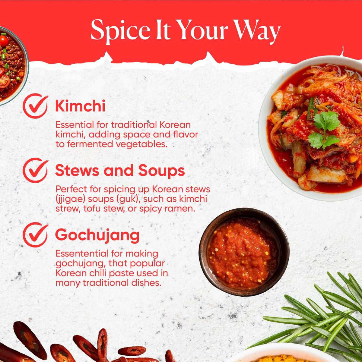 Spoon pouring Byait Gochugaru flakes onto noodles to boost flavor and aroma.