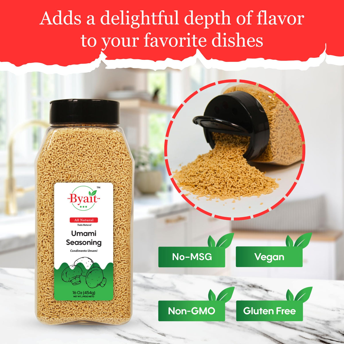 Byait 16 oz resealable jar preserves freshness and easy sprinkling.