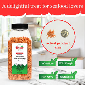 Gourmet dish featuring Byait Sakura Shrimp highlights a gluten-free, non-GMO ingredient.