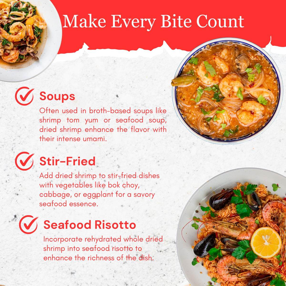 Byait shrimp in soup broth rehydrates to release full flavor and texture.