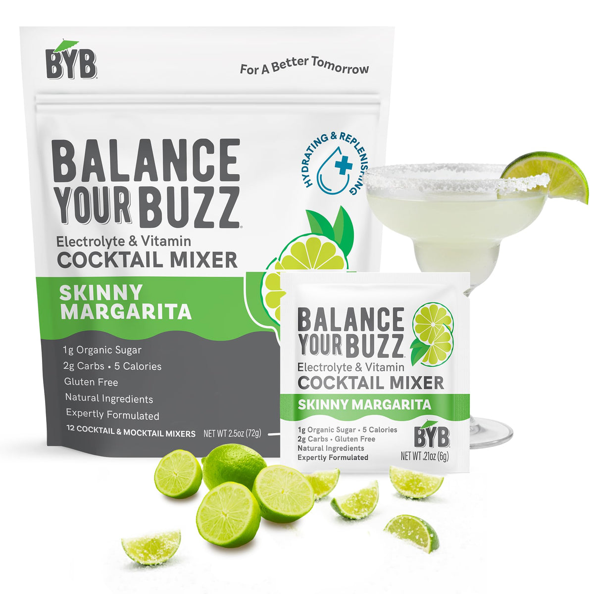 BYB Mixers Skinny Margarita packet with electrolytes for a refreshing, balanced cocktail.
