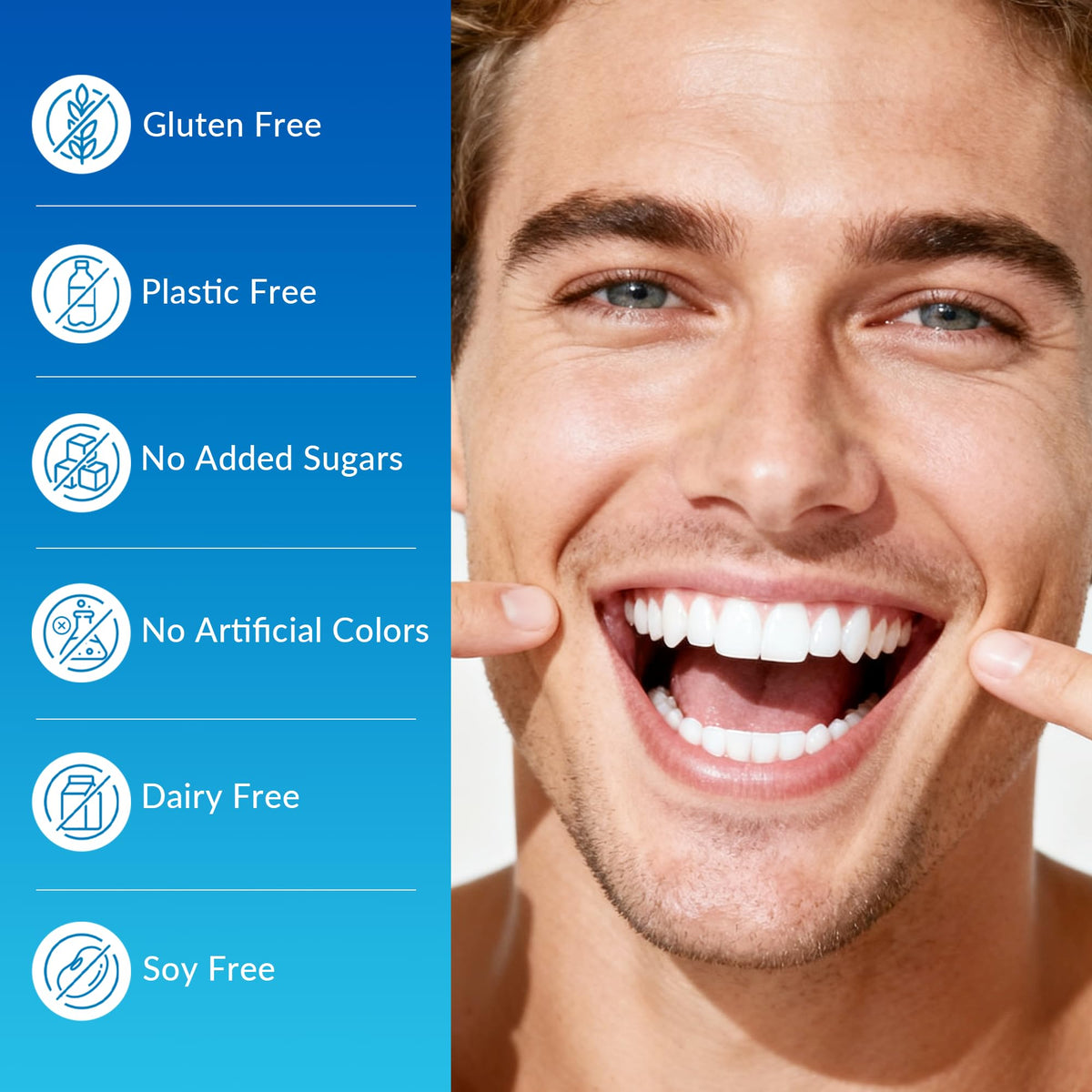 BYH Remineralizing gum packaging close-up shows aspartame-free, plastic-free, dye-free design