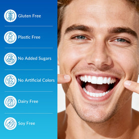 BYH Remineralizing gum packaging close-up shows aspartame-free, plastic-free, dye-free design