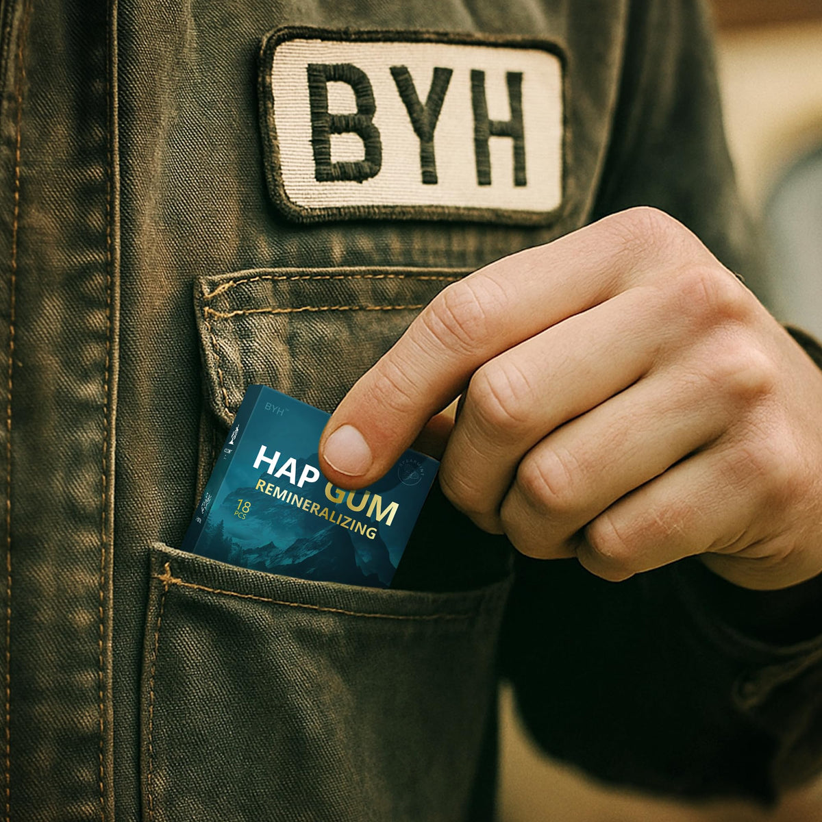 BYH Remineralizing Gum office scene demonstrates quick afternoon refresh.