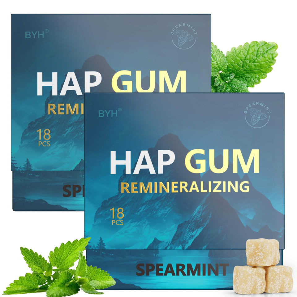 BYH Remineralizing Gum packaging showcases nano hydroxyapatite for enamel care.