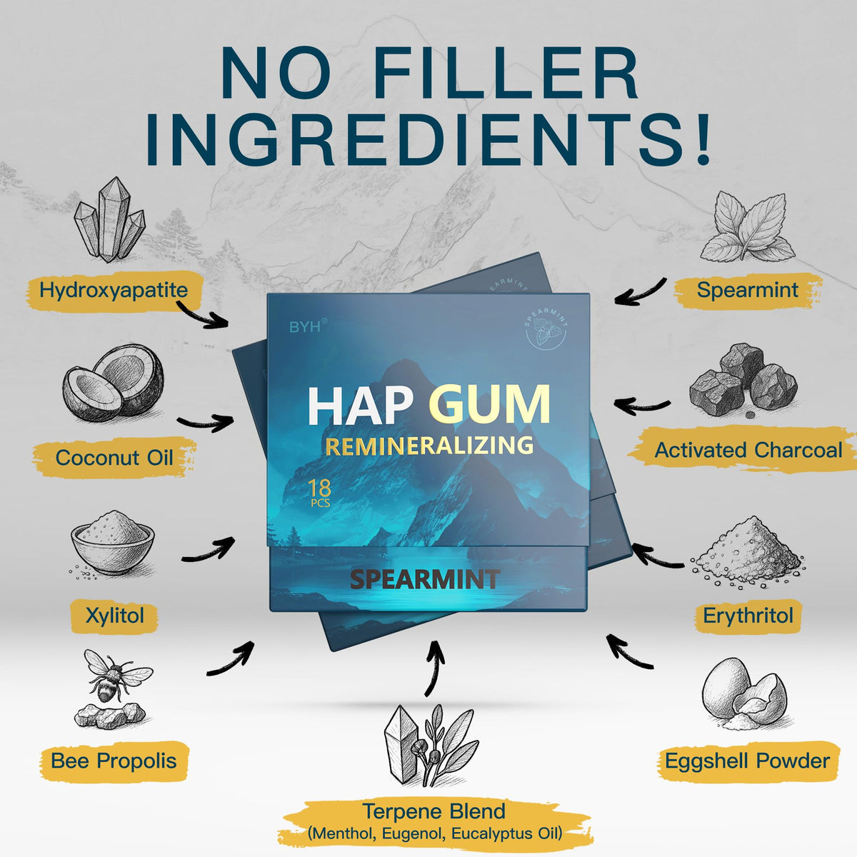 BYH Remineralizing Gum xylitol-sugar-free formula emphasizes daily tooth-friendly use.