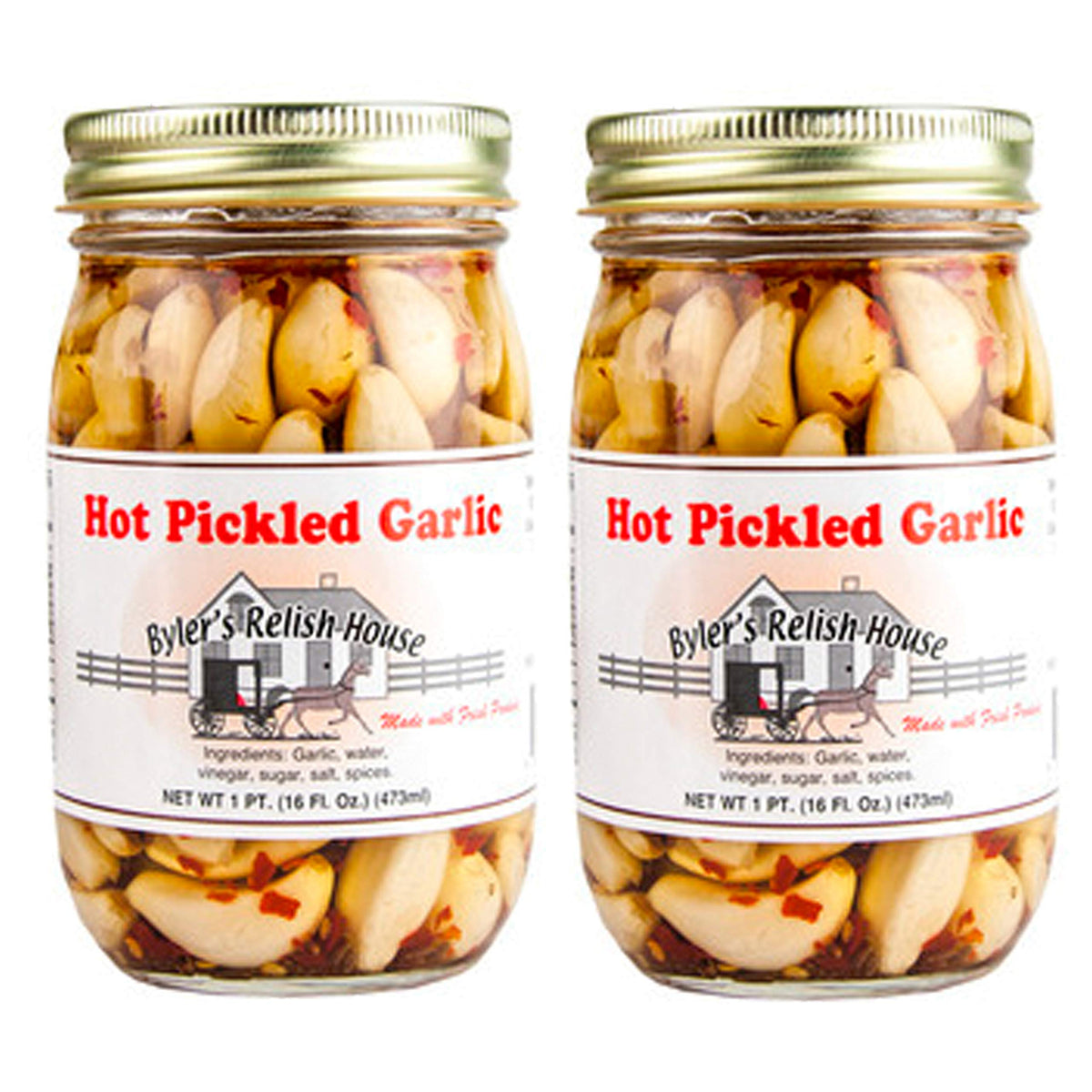 Byler's Relish House hot pickled garlic front view, ideal toppings for burgers.