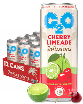 C2O Cherry Limeade can front shows vibrant color and electrolyte-packed hydration for activity