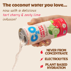 C2O Cherry Limeade can being poured for a refreshing sip with real fruit juice