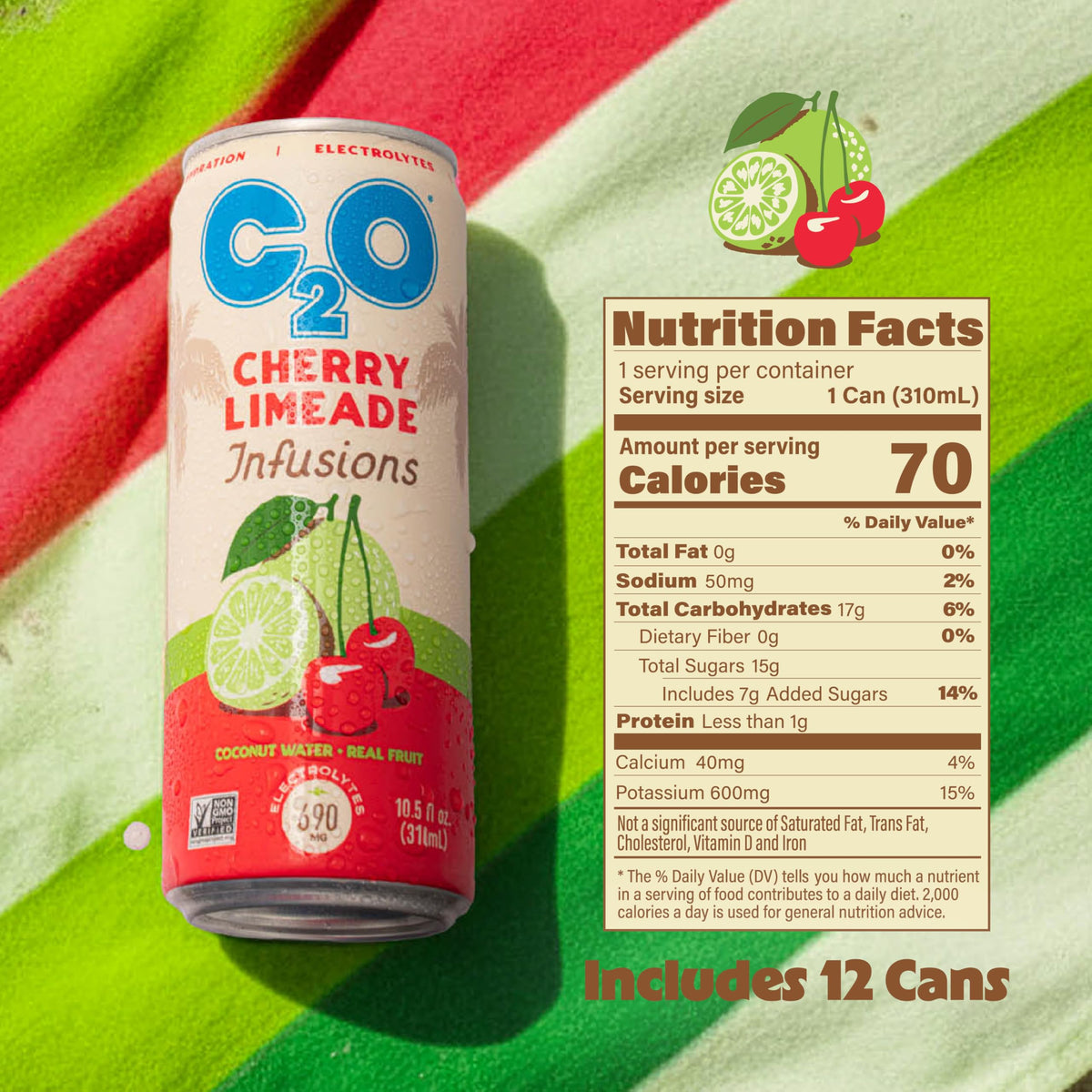 C2O Cherry Limeade label highlights non-GMO, plant-based ingredients for clean hydration
