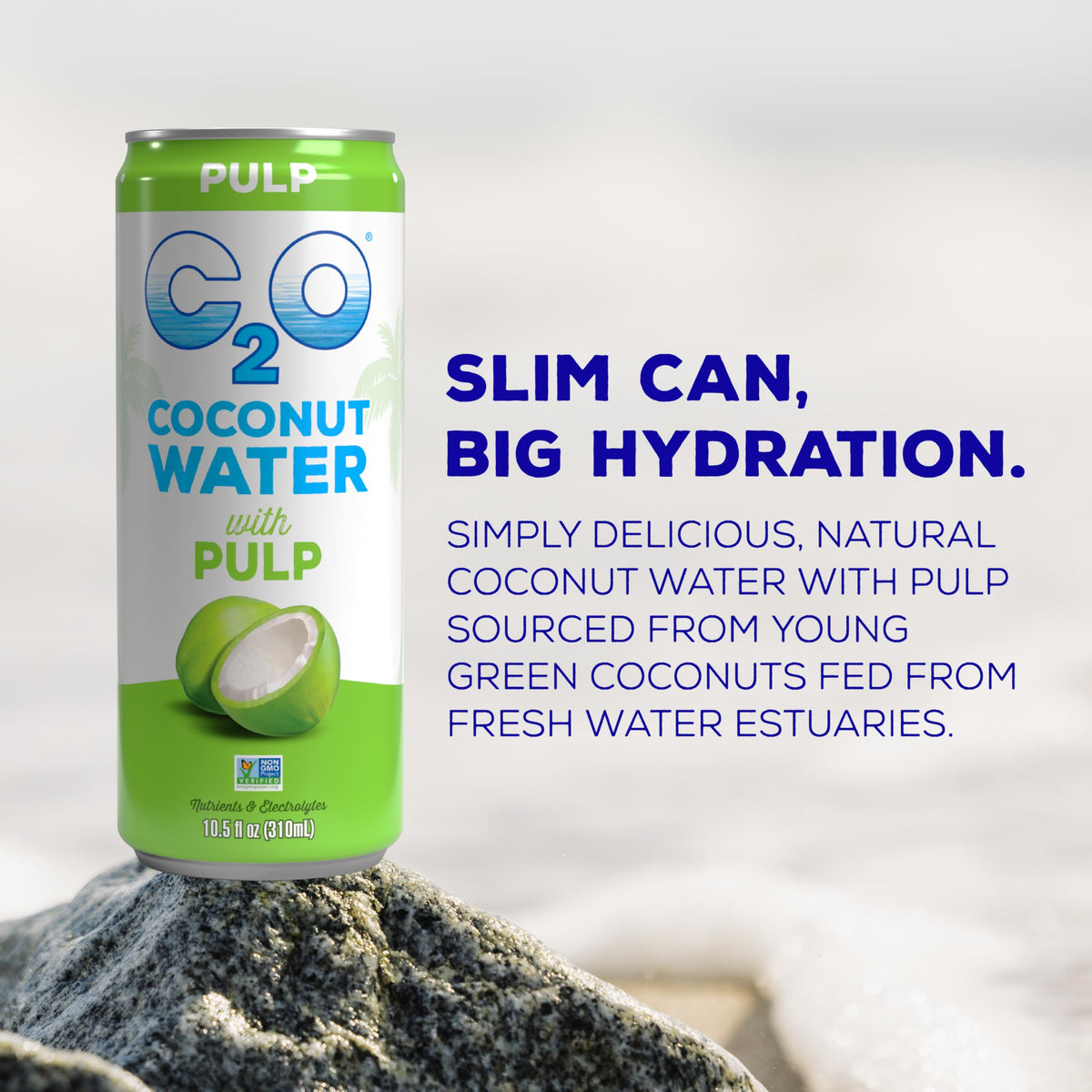 C2O coconut water being poured to reveal fresh hydration with pulp.
