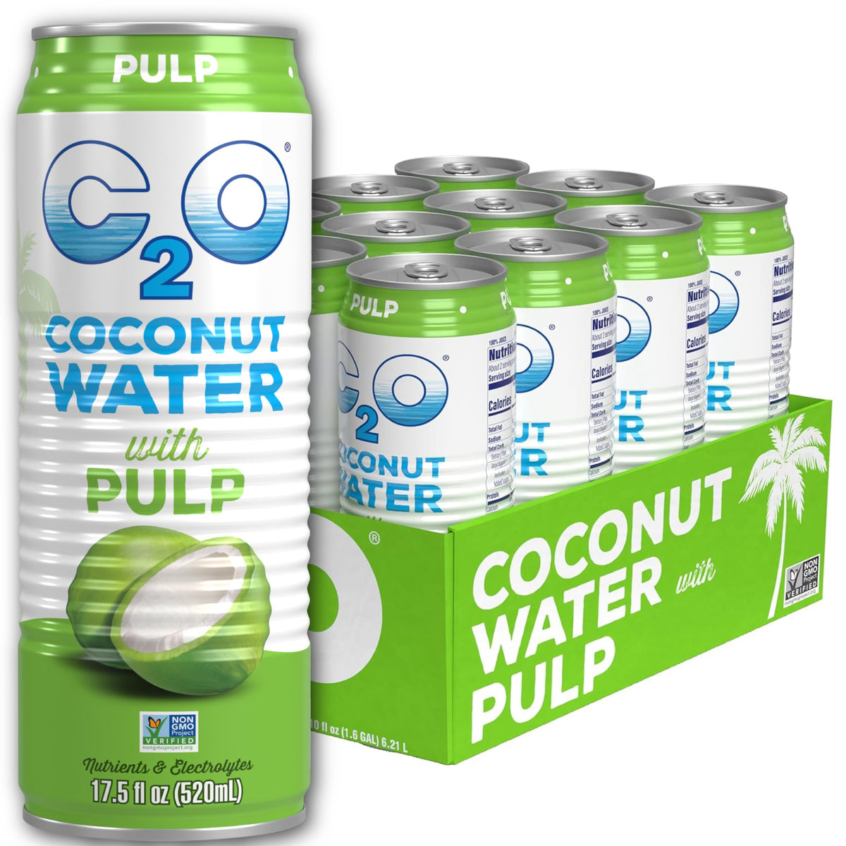 C2O coconut water with pulp 12-pack cans offering natural hydration with real pulp for everyday refreshment.