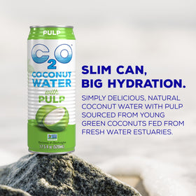 C2O coconut water with pulp 12-pack pour demonstrates easy on the go hydration.