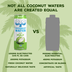 C2O coconut water with pulp can with visible pulp texture emphasizes real fruit content.