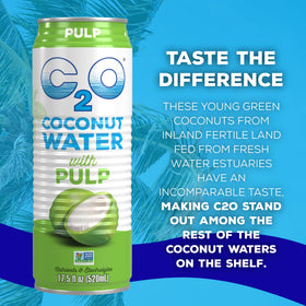 C2O coconut water with pulp stacked display showcases a ready-to-ship 12-pack.