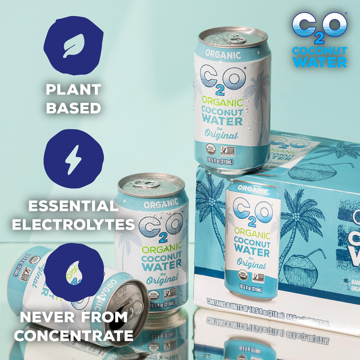 Glass of C2O Original Coconut Water highlights natural tropical flavor.