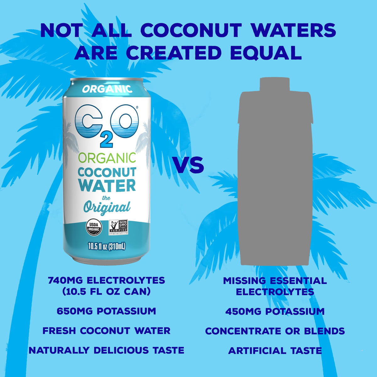 Close-up of Organic and Non-GMO label on C2O bottle.