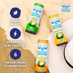 C2O Mango Coconut Water can highlighting tropical flavor and hydration.