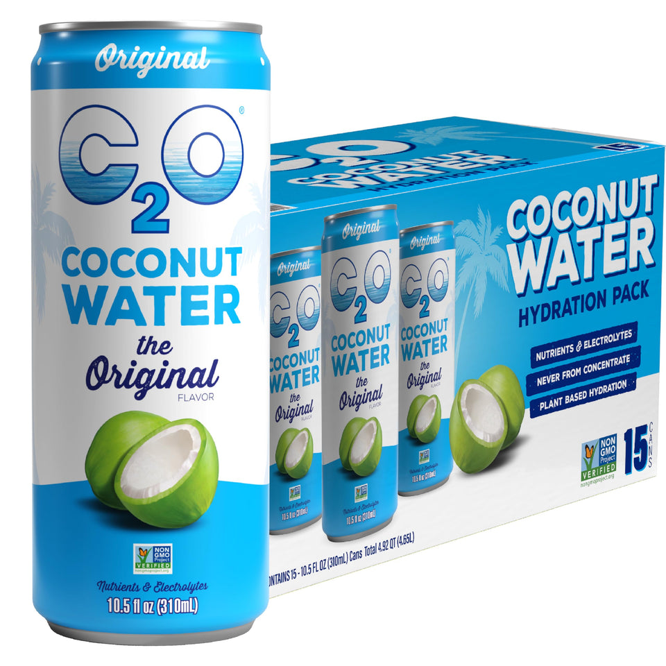 C2O Original coconut water 15-pack cans for natural hydration.