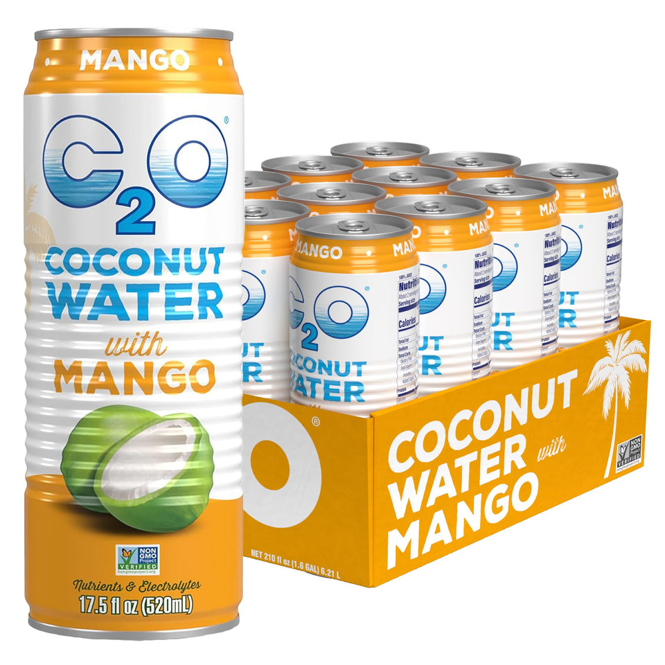 C2O Original Coconut Water can pouring for on-the-go hydration with electrolytes.