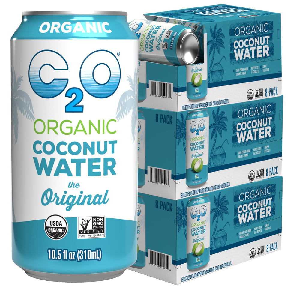 C2O Original Coconut Water can being poured for refreshing hydration.