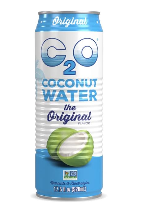 Close-up of C2O Original Coconut Water pulp and clarity.