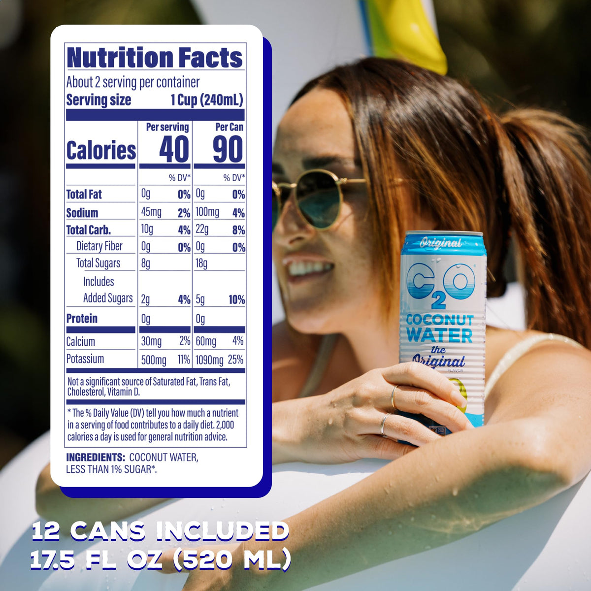 C2O Original Coconut Water 12-pack on a store shelf.