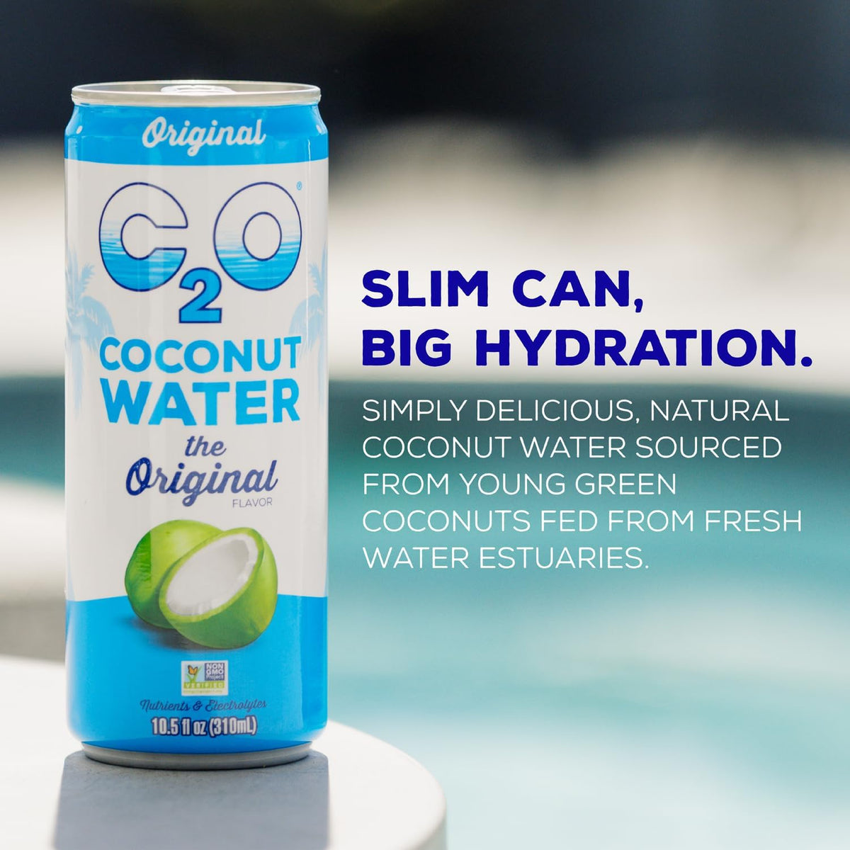 C2O Original coconut water being poured over ice for refreshing electrolytes.