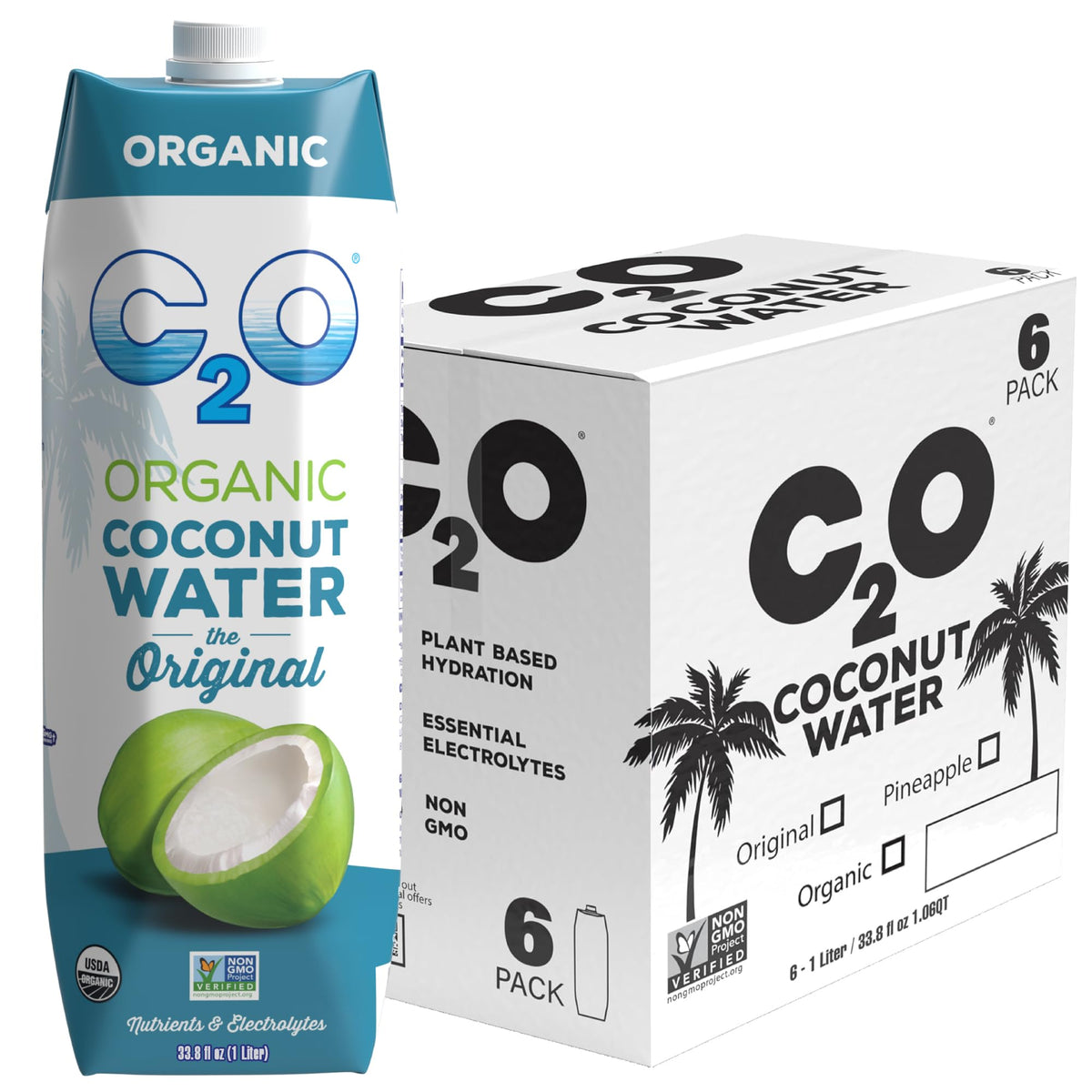 C2O Original Flavor coconut water in a tetra pack for refreshing hydration.