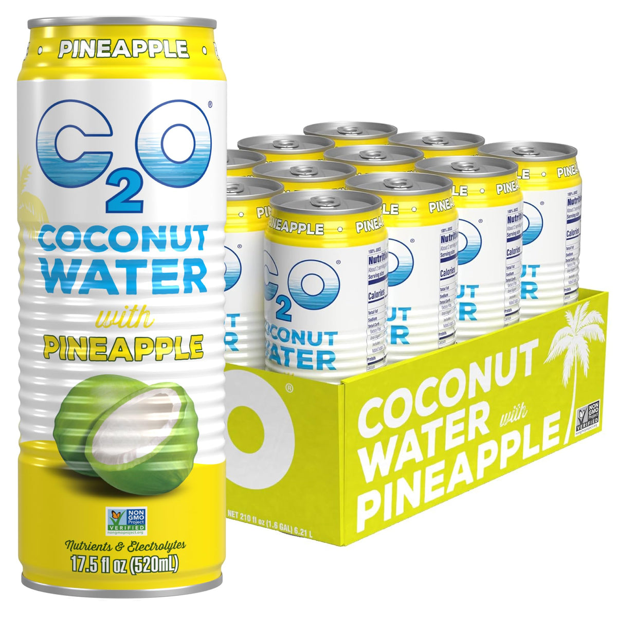 C2O Pineapple Coconut Water 12-pack cans for refreshing on-the-go hydration