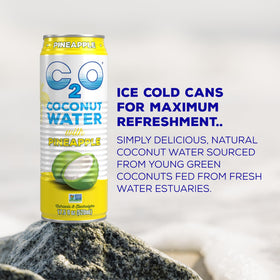 Front label of C2O Pineapple Coconut Water highlights natural ingredients