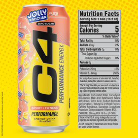 C4 bottle close-up reveals beta-alanine ingredients and hydration cues.