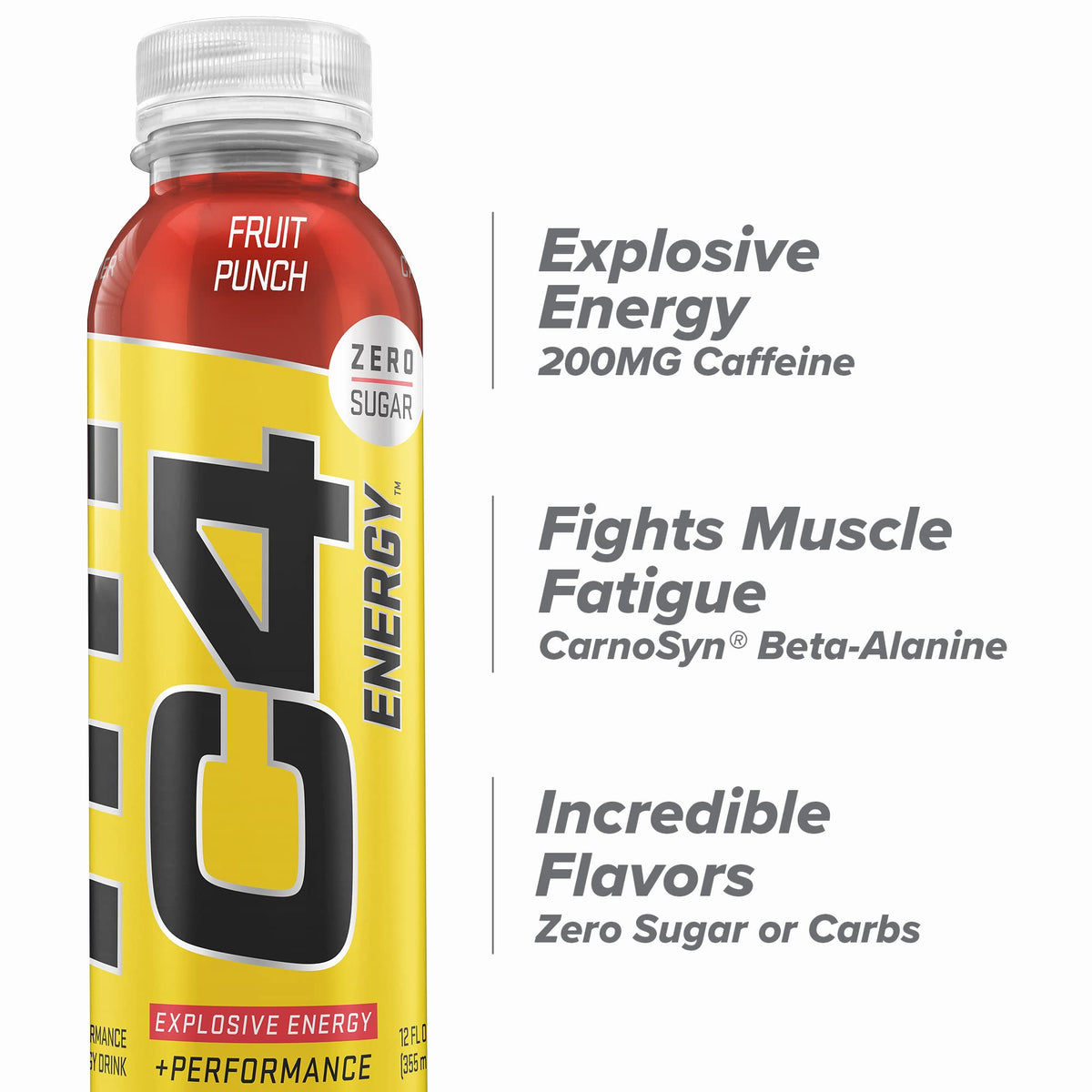 C4 Energy Fruit Punch label close-up highlights zero sugar and beta-alanine.