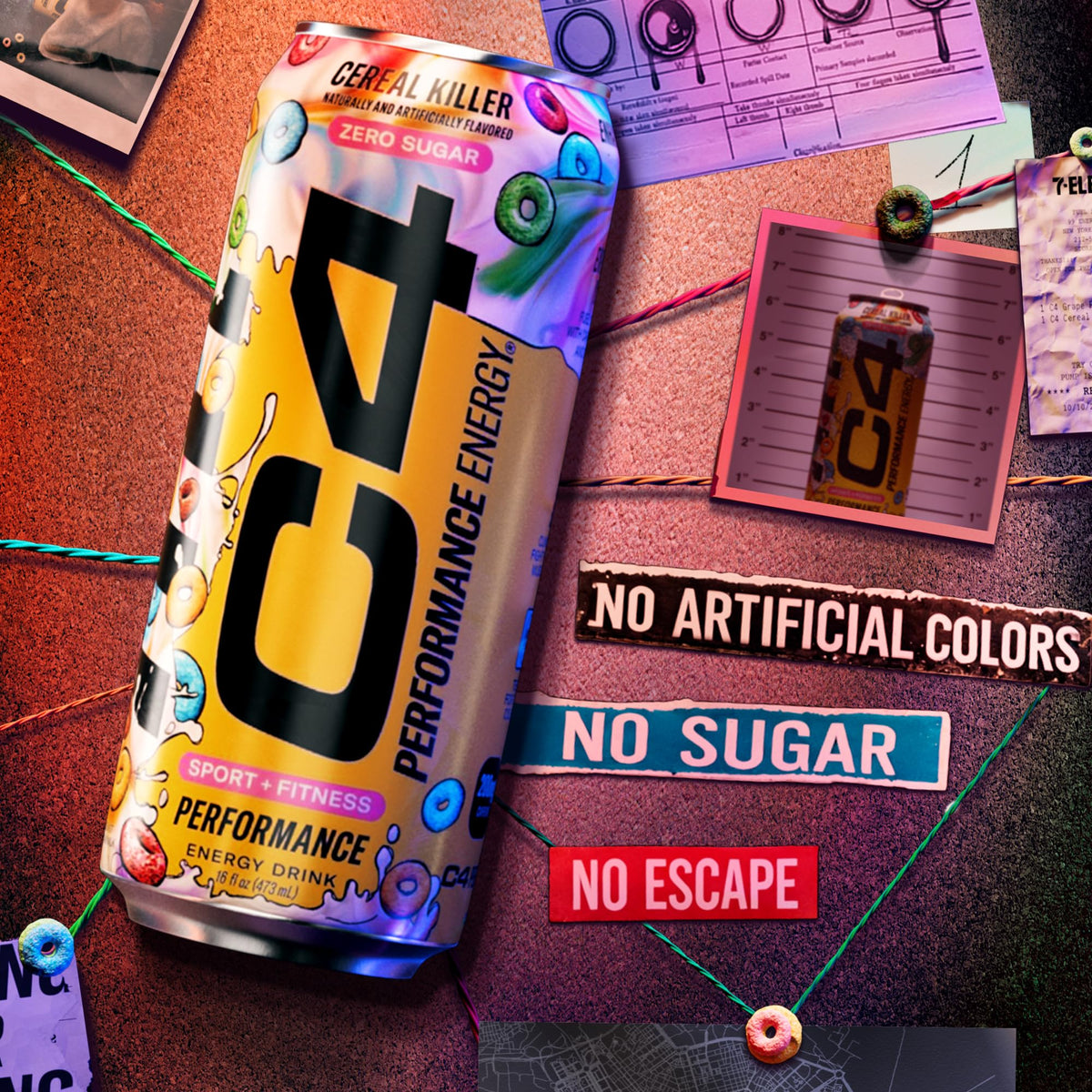 C4 Energy fruity cereal flavor splash showcases bold taste with zero sugar.