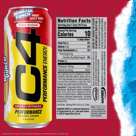 Close-up of C4 Energy Hawaiian Punch label shows zero calories and no artificial colors