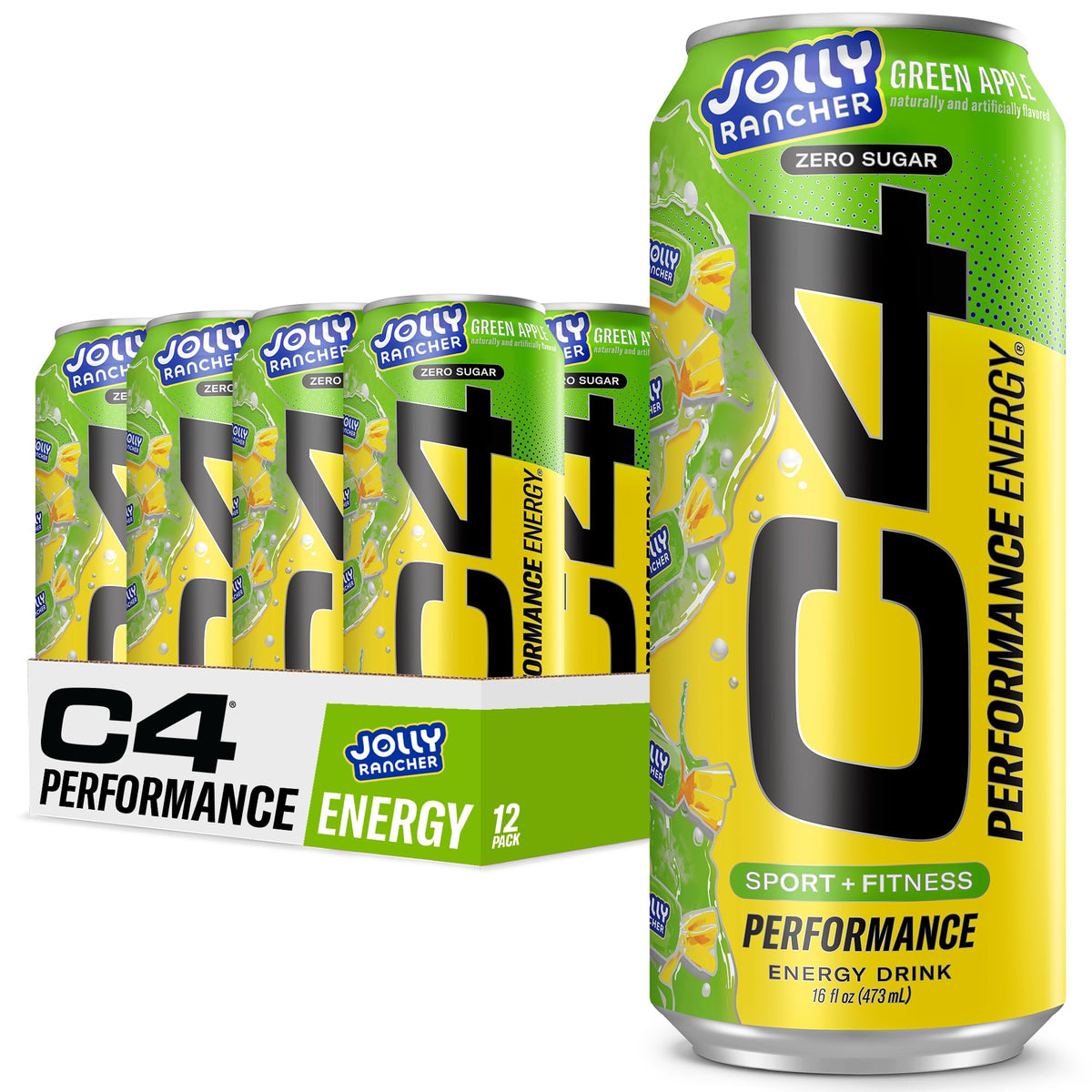 C4 Energy Jolly Rancher Green Apple can displaying bold flavor and zero sugar advantages.