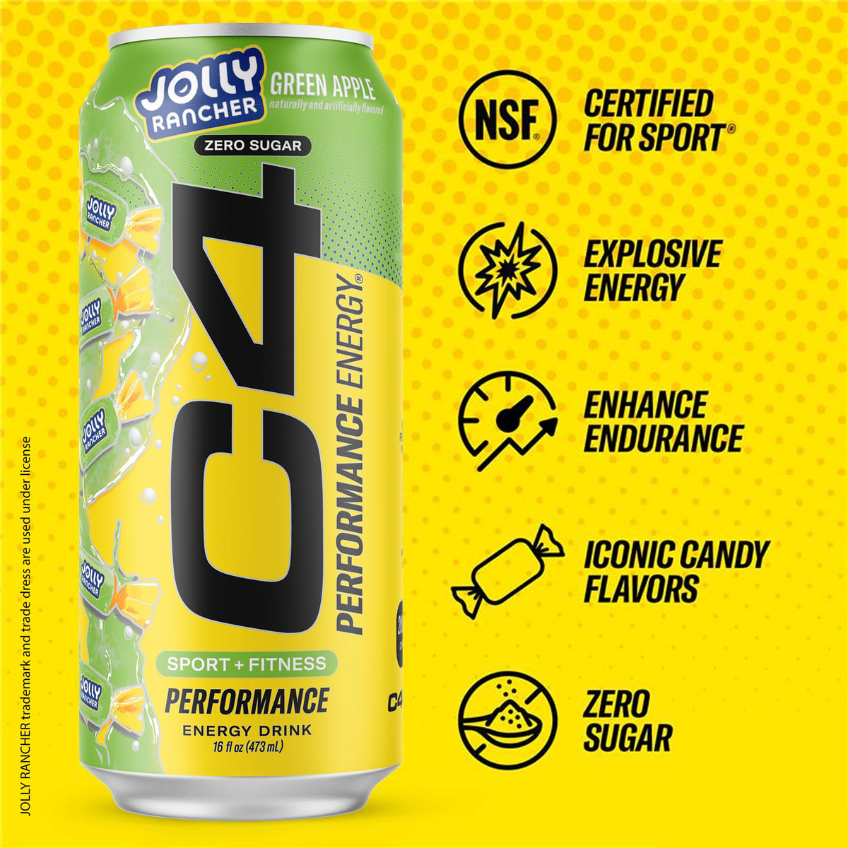 12-pack display of C4 Energy Jolly Rancher Green Apple cans for quick boosts.